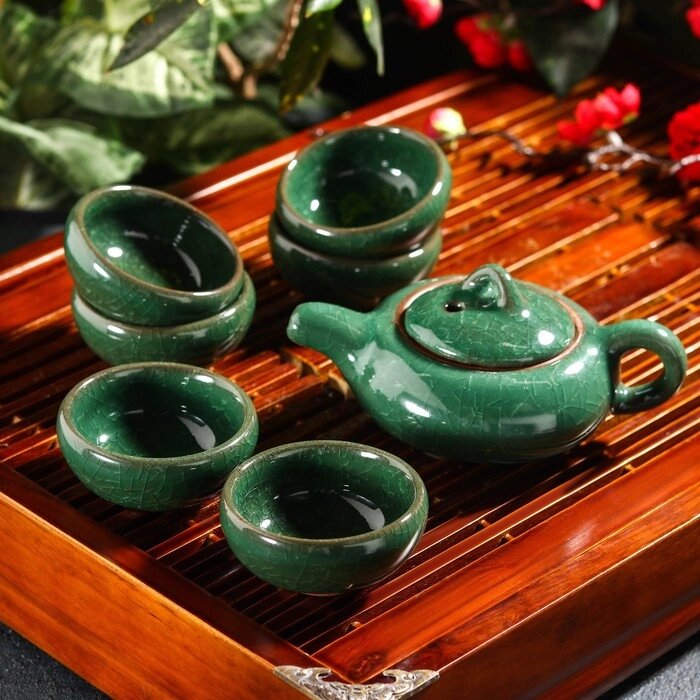 Набор для чайной церемонии "Лунный камень", 7 предметов: чайник 150 мл, чашки 50 мл, цвет зелёный от компании Интернет-гипермаркет «MOLL» - фото 1