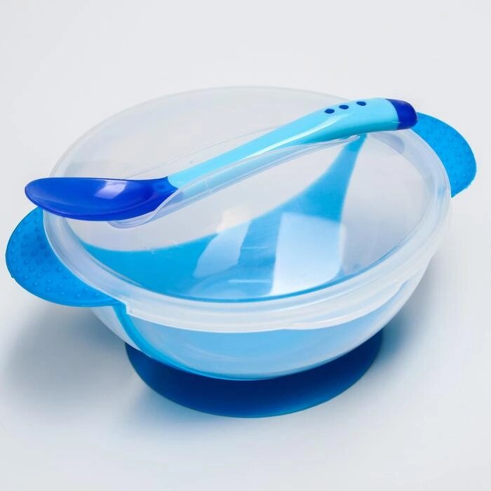 Набор для кормления, 3 предмета: тарелка на присоске 350 мл, крышка, ложка, цвет синий от компании Интернет-гипермаркет «MOLL» - фото 1