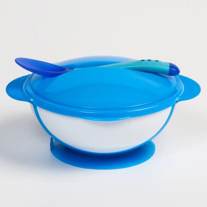 Набор для кормления: миска на присоске 340 мл., с крышкой, термоложка, цвет синий от компании Интернет-гипермаркет «MOLL» - фото 1