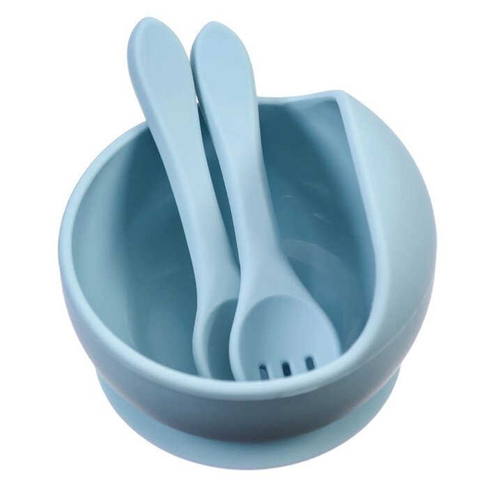 Набор для кормления: миска, вилка, ложка, цвет голубой от компании Интернет-гипермаркет «MOLL» - фото 1