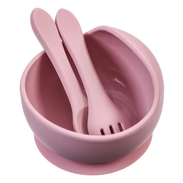 Набор для кормления: миска, вилка, ложка, цвет розовый от компании Интернет-гипермаркет «MOLL» - фото 1
