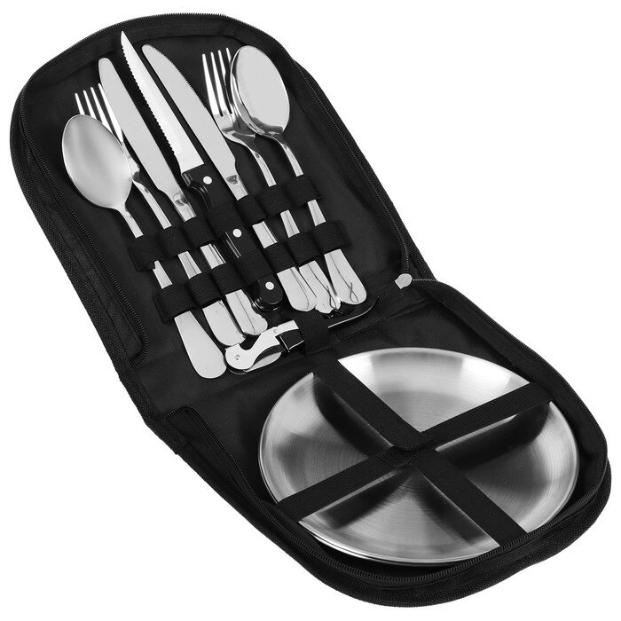 Набор для пикника , нержавеющая сталь (3 ножа,2 вилки,2 ложки,2 тарелки, открывашка) от компании Интернет-гипермаркет «MOLL» - фото 1