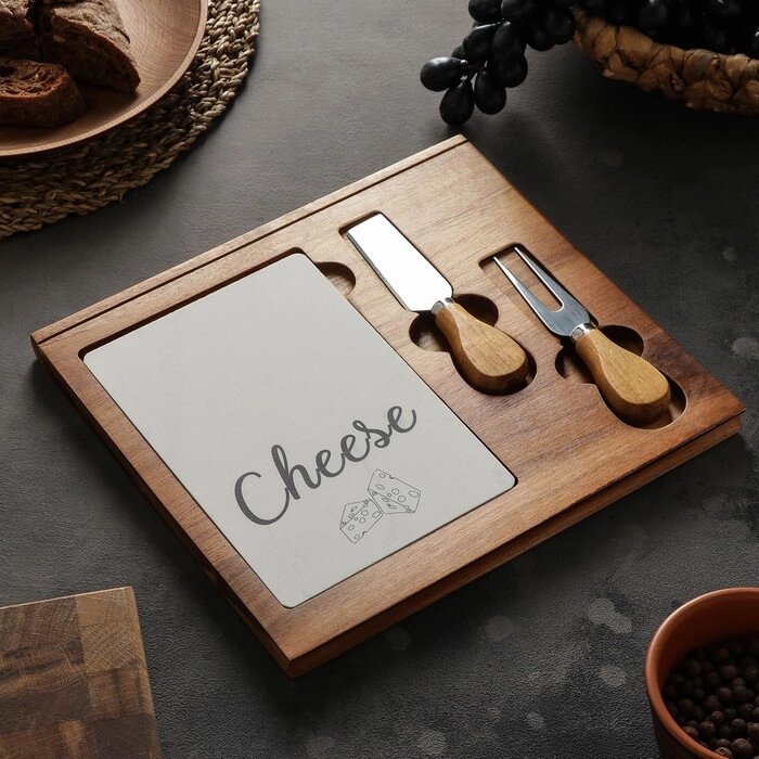 Набор для подачи сыра "Мрамор", 2 ножа, доска квадратная, акация от компании Интернет-гипермаркет «MOLL» - фото 1