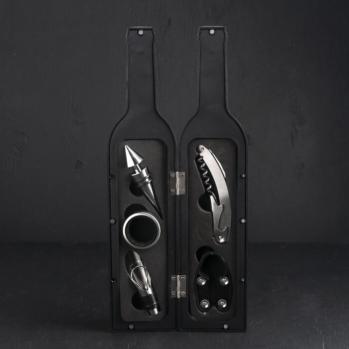 Набор для вина "Бутылка", 5 предметов: пробка, кольцо, каплеуловитель, штопор, нож для срезания фольги от компании Интернет-гипермаркет «MOLL» - фото 1