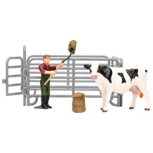Набор фигурок, 6 предметов: фермер, корова, ограждение-загон, инвентарь