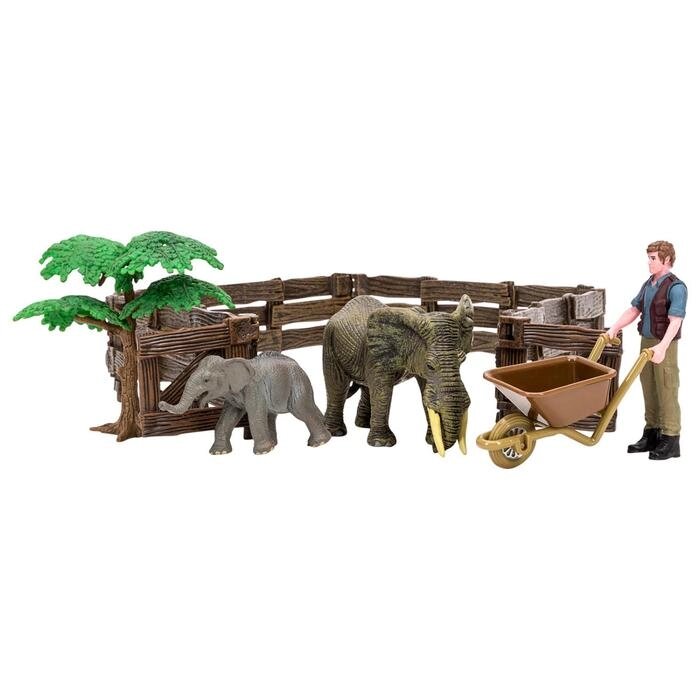 Набор фигурок, 6 предметов: фермер, слон и слоненок, ограждение-загон, дерево, тележка от компании Интернет-гипермаркет «MOLL» - фото 1