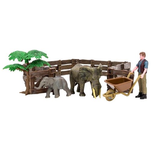 Набор фигурок, 6 предметов: фермер, слон и слоненок, ограждение-загон, дерево, тележка