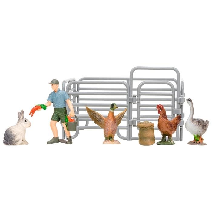 Набор фигурок, 7 предметов: фермер, кролик, утка, курица, гусь, ограждение-загон, инвентарь   706257 от компании Интернет-гипермаркет «MOLL» - фото 1