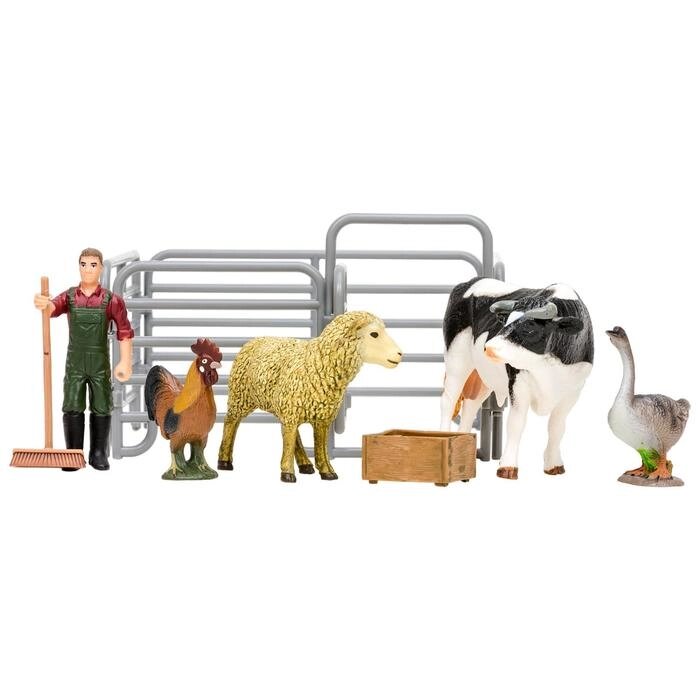 Набор фигурок, 8 предметов: фермер, корова, овца, петух, гусь, ограждение-загон, инвентарь от компании Интернет-гипермаркет «MOLL» - фото 1