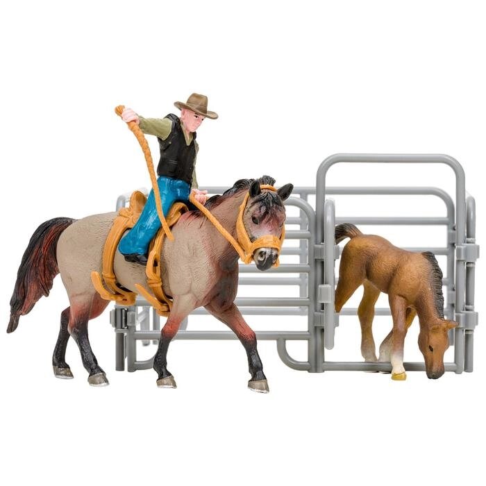 Набор фигурок: Американская лошадь и жеребенок, наездник, ограждение-загон, инвентарь от компании Интернет-гипермаркет «MOLL» - фото 1