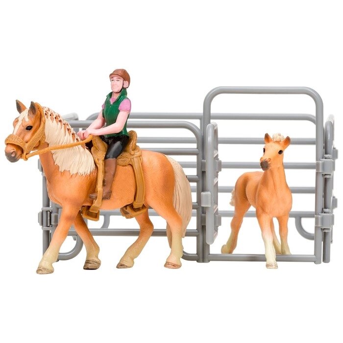 Набор фигурок: Авелинская лошадь и жеребенок, наездник, ограждение-загон, инвентарь от компании Интернет-гипермаркет «MOLL» - фото 1