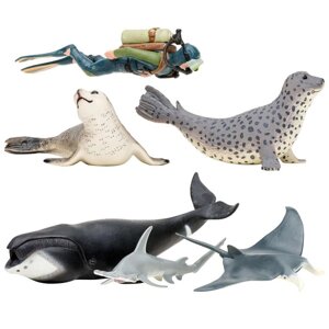 Набор фигурок: кит, рыбка-молот, манта, морской леопард, дайвер, 6 предметов