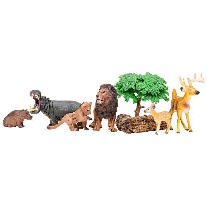 Набор фигурок: лев с львенком, бегемот с бегемотиком, олень с олененком, 9 предметов от компании Интернет-гипермаркет «MOLL» - фото 1