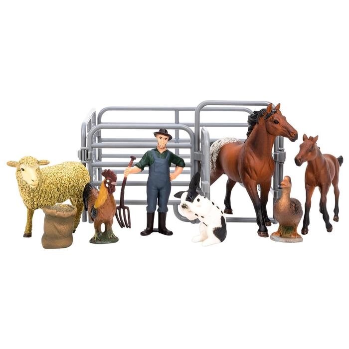 Набор фигурок: лошади, овца, кролик, петух, утка, фермер, ограждение-загон, инвентарь от компании Интернет-гипермаркет «MOLL» - фото 1