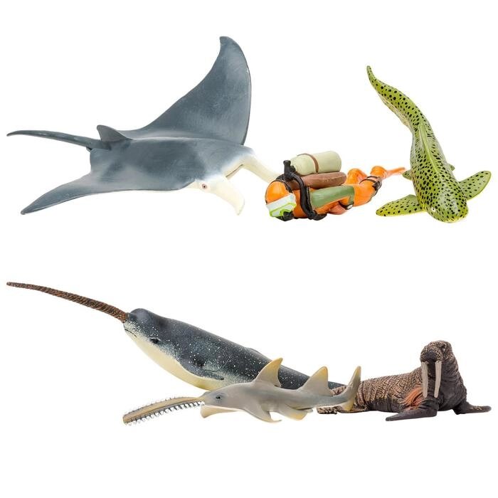 Набор фигурок: манта, нарвал, морж, рыба-пила, акула-зебра, дайвер, 6 предметов от компании Интернет-гипермаркет «MOLL» - фото 1