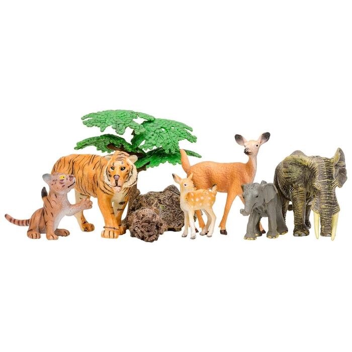 Набор фигурок: тигр с тигренком, слон со слоненком, олень с олененком, 3 аксессуара от компании Интернет-гипермаркет «MOLL» - фото 1