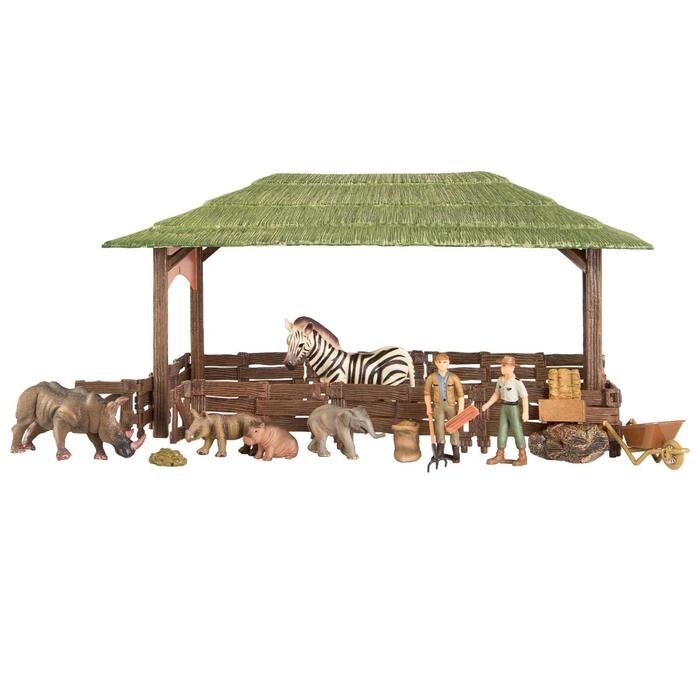 Набор фигурок: зебра, слоненок, бегемотик, носороги, фермеры, инвентарь, 21 предмет от компании Интернет-гипермаркет «MOLL» - фото 1