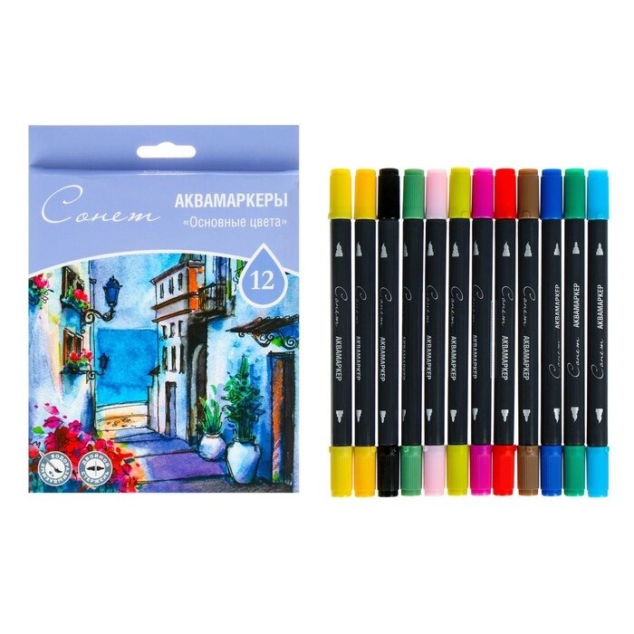 Набор художественных маркеров "Сонет", 12 цветов, водная основа, двусторонний: пулевидная/кисть, основные от компании Интернет-гипермаркет «MOLL» - фото 1