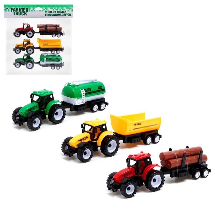 Набор инерционных тракторов "Фермер" с прицепом, 3 штуки от компании Интернет-гипермаркет «MOLL» - фото 1