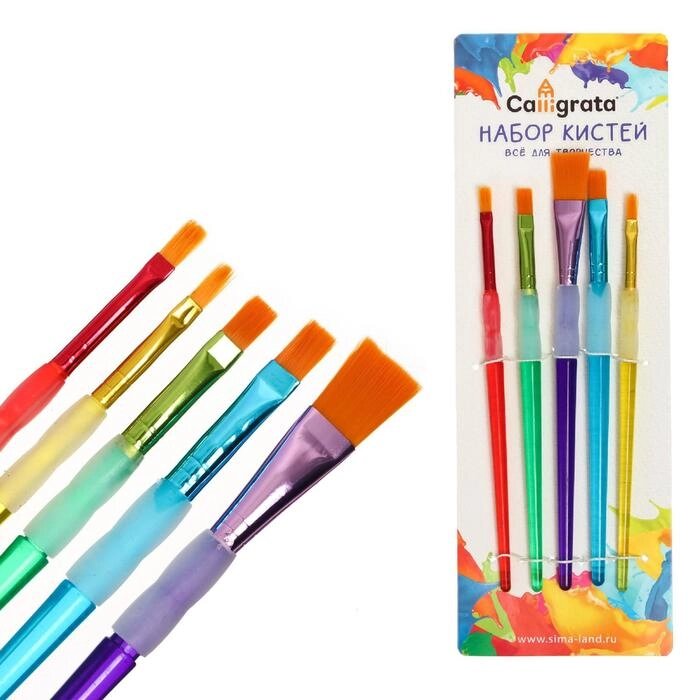 Набор кистей, нейлон, 5 штук, круглые, с цветными ручками, с резиновыми держателями от компании Интернет-гипермаркет «MOLL» - фото 1