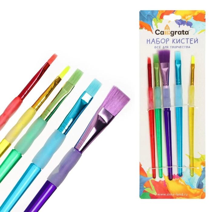 Набор кистей, нейлон, 5 штук, с цветными ручками, с резиновыми держателями от компании Интернет-гипермаркет «MOLL» - фото 1