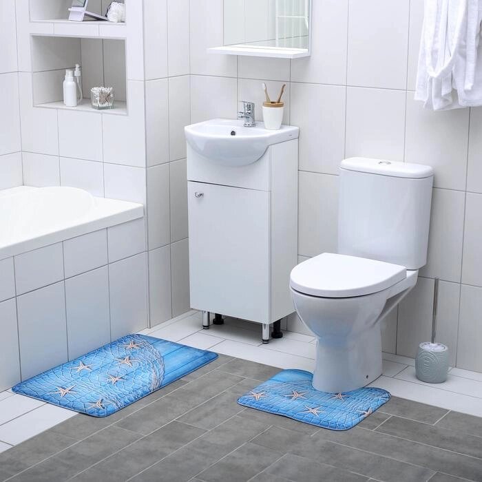 Набор ковриков для ванны и туалета Доляна "Морские звёзды", 2 шт: 4045, 4575 см от компании Интернет-гипермаркет «MOLL» - фото 1