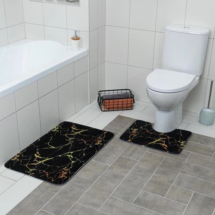 Набор ковриков для ванны и туалета Доляна "Мрамор", 2 шт: 7950, 5039 см, цвет чёрный от компании Интернет-гипермаркет «MOLL» - фото 1