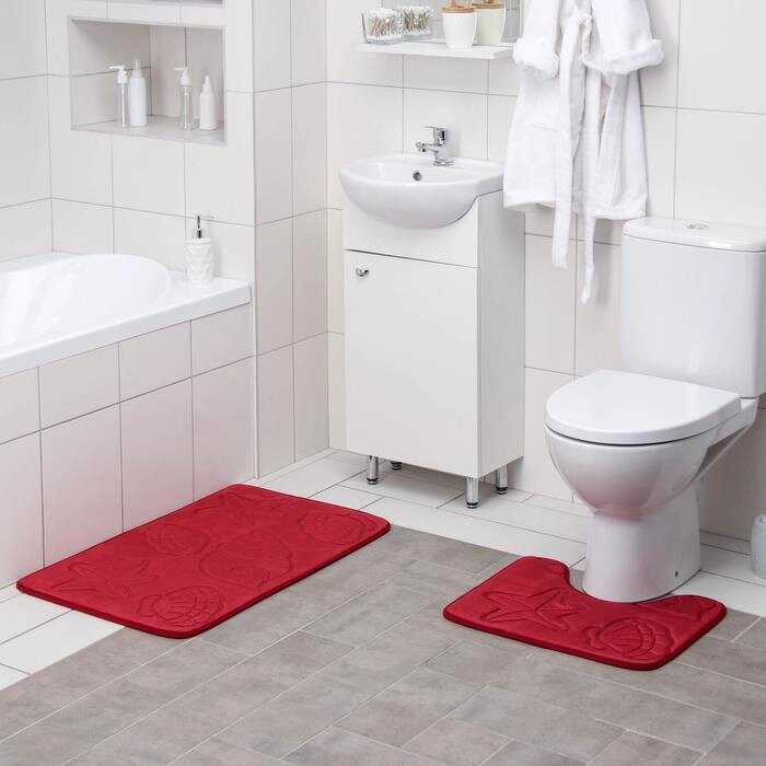 Набор ковриков для ванны и туалета Доляна "Ракушки", объёмные, 2 шт: 4050, 5080 см, цвет бордовый от компании Интернет-гипермаркет «MOLL» - фото 1