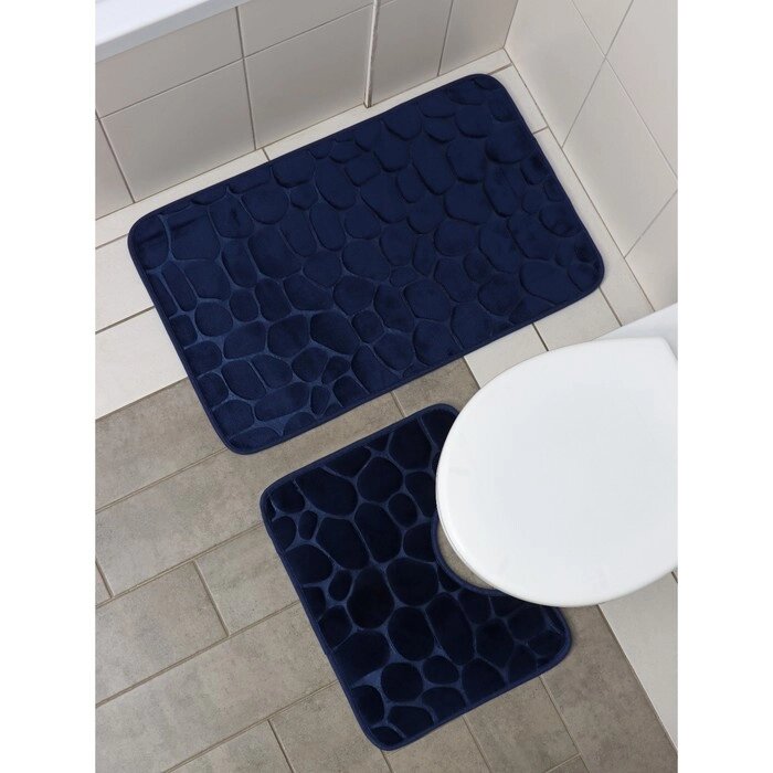 Набор ковриков для ванны и туалета "Камни", объёмные, 2 шт: 4050, 5080 см, цвет синий от компании Интернет-гипермаркет «MOLL» - фото 1