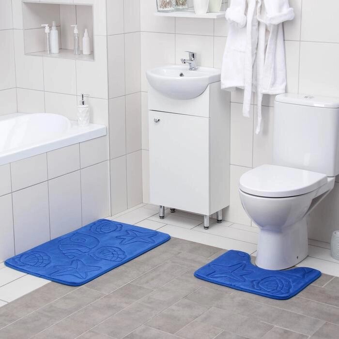 Набор ковриков для ванны и туалета "Ракушки", объёмные, 2 шт: 4050, 5080 см, цвет синий от компании Интернет-гипермаркет «MOLL» - фото 1