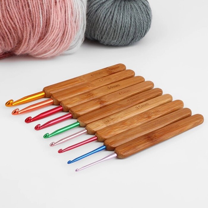 Набор крючков для вязания, с бамбуковыми ручками, d = 2-6 мм, 13,5 см, 9 шт от компании Интернет-гипермаркет «MOLL» - фото 1