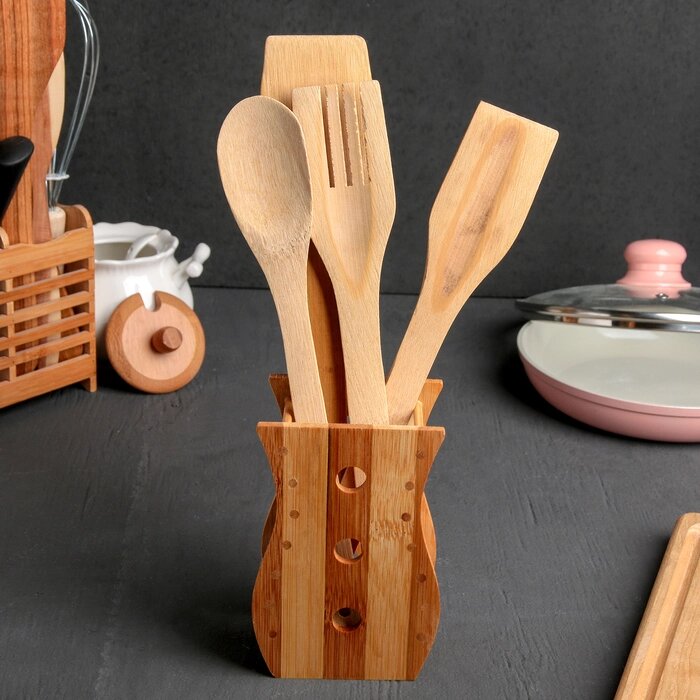 Набор кухонных принадлежностей "Бамбук", 4 предмета, на подставке от компании Интернет-гипермаркет «MOLL» - фото 1