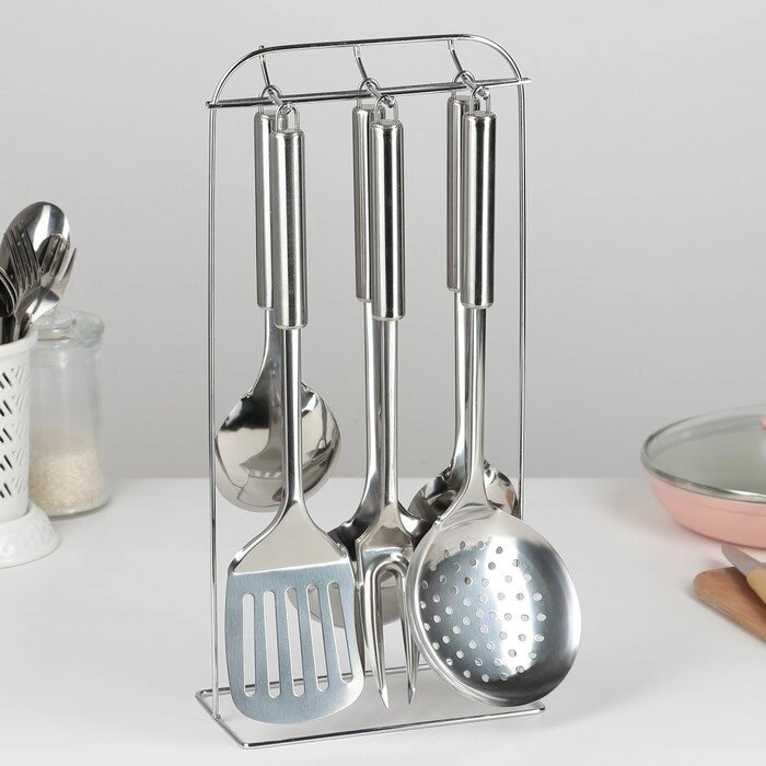 Набор кухонных принадлежностей "Металлик", 6 предметов, на подставке от компании Интернет-гипермаркет «MOLL» - фото 1