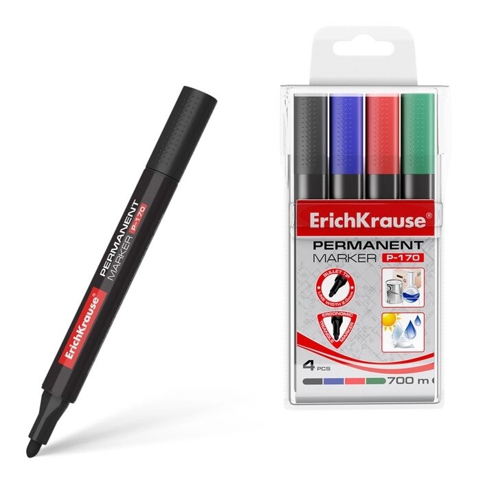 Набор маркеров перманентных ErichKrause P-170, 4 штуки, 2.0 мм, чернила на спиртовой основе, чёрный, синий, красный, от компании Интернет-гипермаркет «MOLL» - фото 1