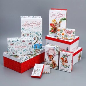 Набор подарочных коробок 10 в 1 "Новогодняя акварель", 12 х 7 х 4 - 32.5 20 12.5 см