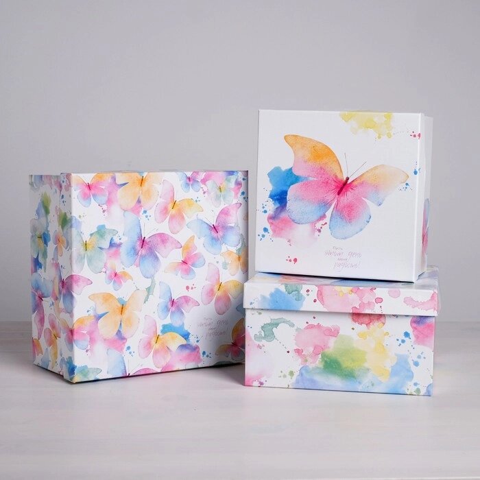 Набор подарочных коробок 3 в 1 "Акварельные бабочки", 18 х 18 х 10 - 22 х 22 х 12 см от компании Интернет-гипермаркет «MOLL» - фото 1