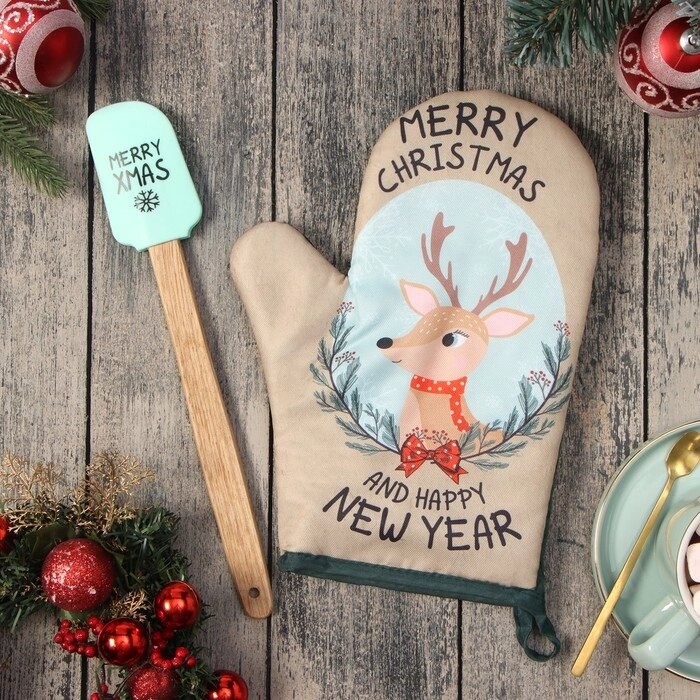Набор подарочный Доляна Merry Xmas: варежка-прихватка, лопатка силикон от компании Интернет-гипермаркет «MOLL» - фото 1