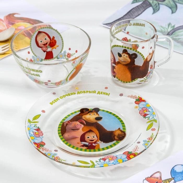 Набор посуды детский "Маша и Медведь. Добрый день", 3 предмета: кружка 250 мл, салатник d=13 см, тарелка от компании Интернет-гипермаркет «MOLL» - фото 1