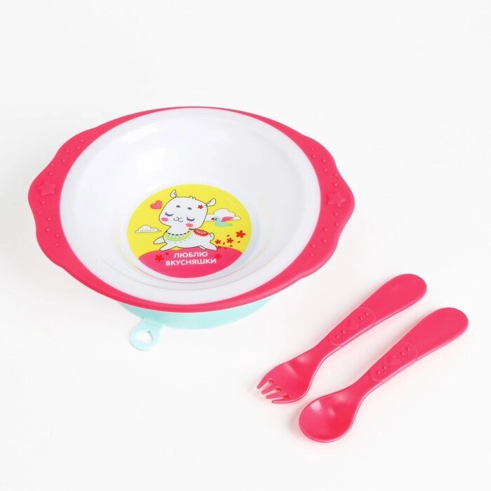 Набор посуды "Люблю вкусняшки" тарелка на присоске 250мл, вилка, ложка от компании Интернет-гипермаркет «MOLL» - фото 1