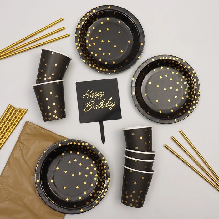 Набор посуды "С Днём Рождения", конфетти, цвет чёрно-золотой от компании Интернет-гипермаркет «MOLL» - фото 1
