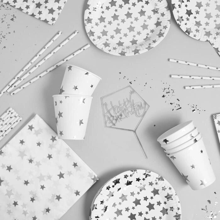 Набор посуды "С Днём Рождения", серебрянные звёзды от компании Интернет-гипермаркет «MOLL» - фото 1