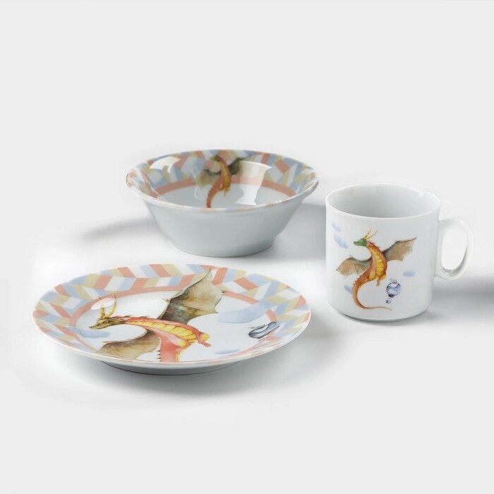 Набор посуды "Страна драконов", 3 предмета: кружка 200 мл, тарелка, салатник 360 мл, фарфор от компании Интернет-гипермаркет «MOLL» - фото 1