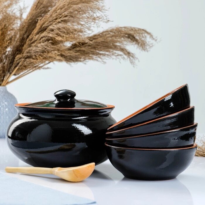 Набор посуды "Вятская керамика" 2,5л + 4х0,5л + деревянная ложка, черный от компании Интернет-гипермаркет «MOLL» - фото 1