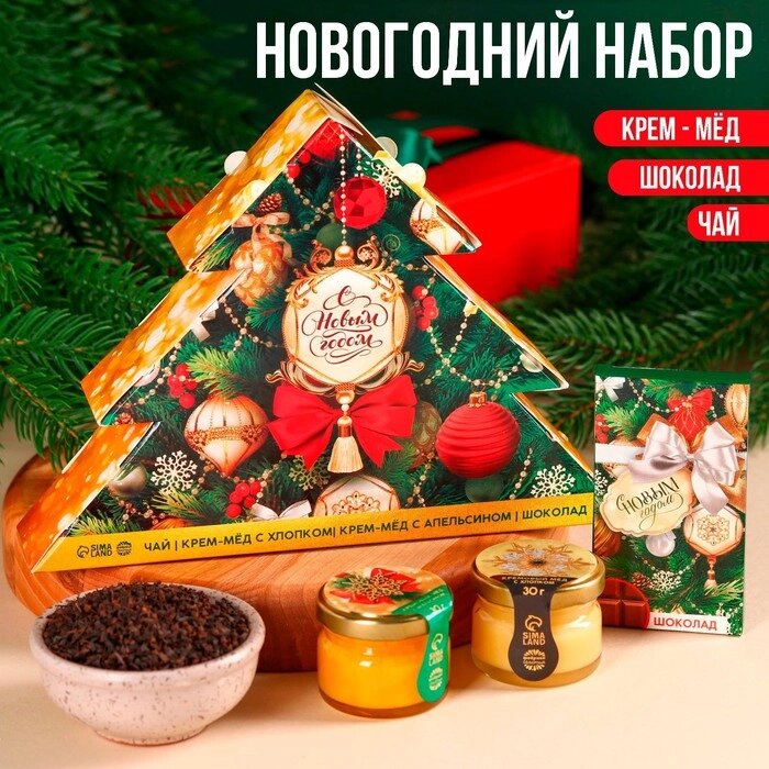 Набор "С Новым годом" зелёный В коробке-елке, Чай, крем-мёд, шоколад от компании Интернет-гипермаркет «MOLL» - фото 1