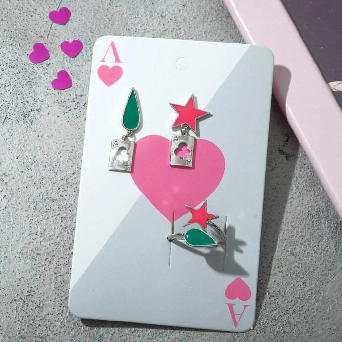 Набор: серьги, кольцо "Аниме" звезда и капля, цвет зелёно-розовый в серебре от компании Интернет-гипермаркет «MOLL» - фото 1