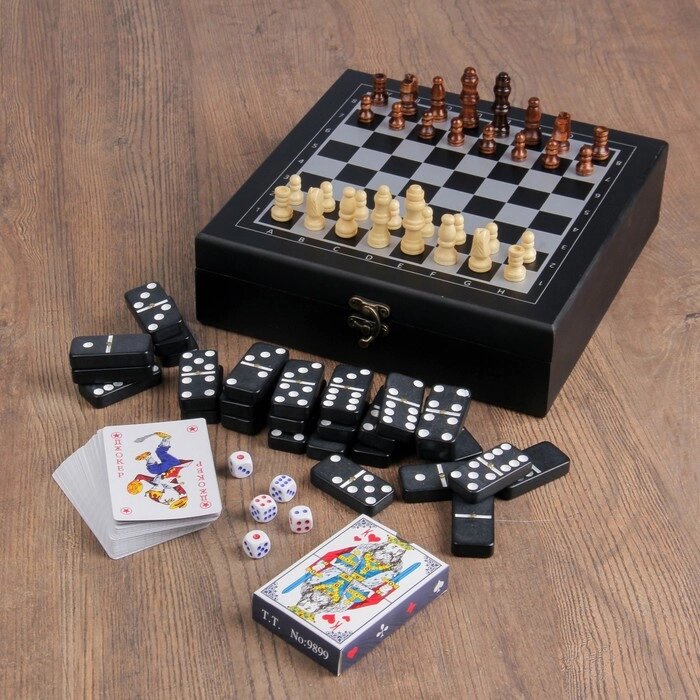 Набор шахмат с домино, костяшка 5х2.5 см, 2 колоды карт, пешка 2 см, король 5 см от компании Интернет-гипермаркет «MOLL» - фото 1
