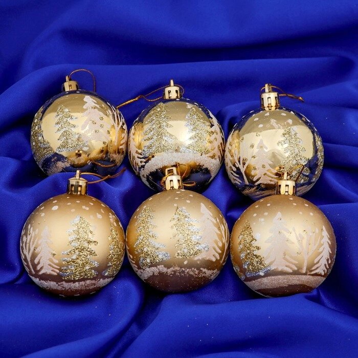 Набор шаров пластик d-6 см, 8 шт "Снежные ёлки" золото от компании Интернет-гипермаркет «MOLL» - фото 1