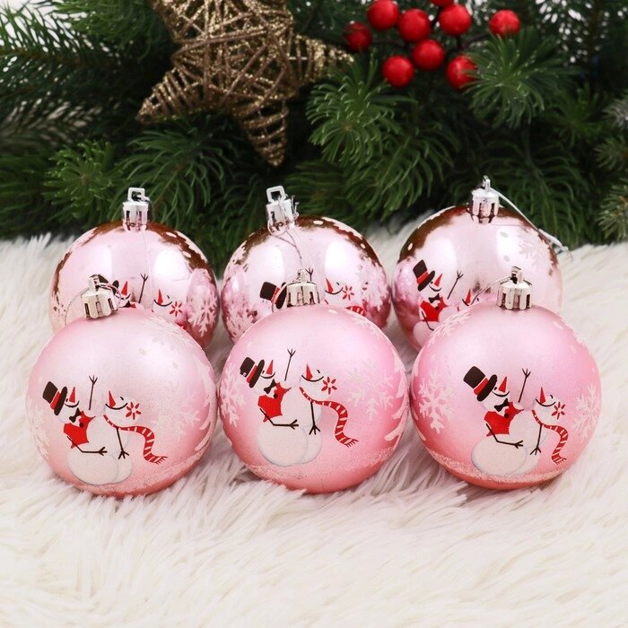 Набор шаров пластик d-7 см, 6 шт "Весёлый снеговик" розовый от компании Интернет-гипермаркет «MOLL» - фото 1