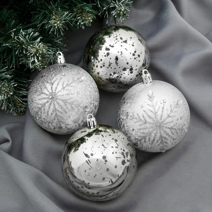 Набор шаров пластик d-8 см, 4 шт "Кракле капель" серебро от компании Интернет-гипермаркет «MOLL» - фото 1