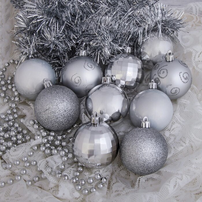 Набор шаров пластик с бусами и мишурой 12 шт "Сияние" серебро от компании Интернет-гипермаркет «MOLL» - фото 1